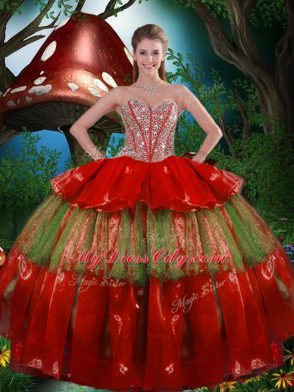 Wine Red Organza Lace Up Sweetheart Sleeveless Floor Length Quinceanera Dress Beading and Ruffled Layers