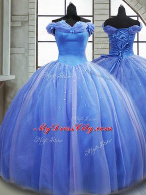 Fashionable Light Blue Off The Shoulder Lace Up Pick Ups Quince Ball Gowns Brush Train Sleeveless