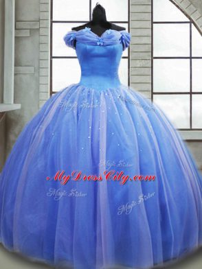 Fashionable Light Blue Off The Shoulder Lace Up Pick Ups Quince Ball Gowns Brush Train Sleeveless