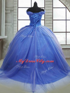 Fashionable Light Blue Off The Shoulder Lace Up Pick Ups Quince Ball Gowns Brush Train Sleeveless