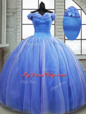 Fashionable Light Blue Off The Shoulder Lace Up Pick Ups Quince Ball Gowns Brush Train Sleeveless