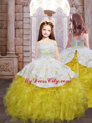 Gold Lace Up Party Dresses Embroidery and Ruffles Sleeveless Brush Train