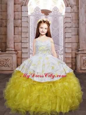 Gold Lace Up Party Dresses Embroidery and Ruffles Sleeveless Brush Train