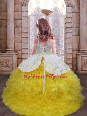 Gold Lace Up Party Dresses Embroidery and Ruffles Sleeveless Brush Train