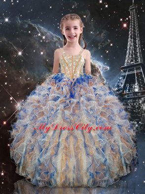 Ball Gowns Kids Formal Wear Multi-color Straps Organza Sleeveless Floor Length Lace Up