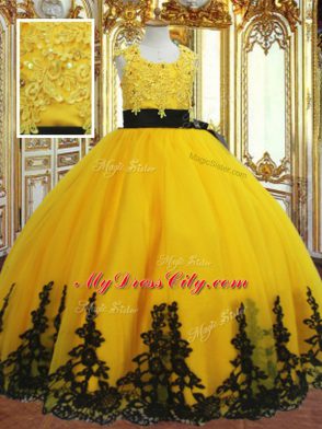Gold Ball Gowns Lace and Appliques Flower Girl Dresses for Less Zipper Tulle Sleeveless Floor Length