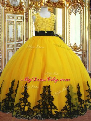 Gold Ball Gowns Lace and Appliques Flower Girl Dresses for Less Zipper Tulle Sleeveless Floor Length