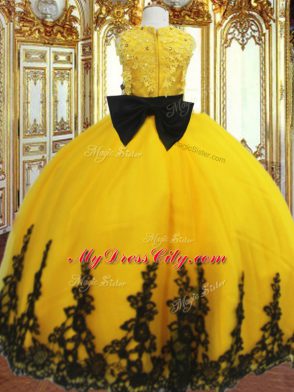 Gold Ball Gowns Lace and Appliques Flower Girl Dresses for Less Zipper Tulle Sleeveless Floor Length