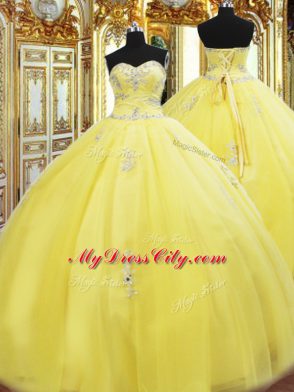 On Sale Yellow Lace Up Sweet 16 Dresses Beading and Appliques Sleeveless Floor Length