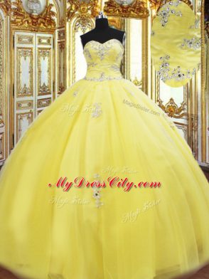 On Sale Yellow Lace Up Sweet 16 Dresses Beading and Appliques Sleeveless Floor Length