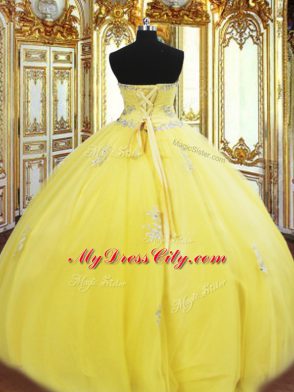 On Sale Yellow Lace Up Sweet 16 Dresses Beading and Appliques Sleeveless Floor Length