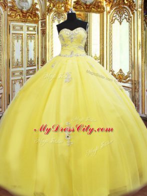 On Sale Yellow Lace Up Sweet 16 Dresses Beading and Appliques Sleeveless Floor Length