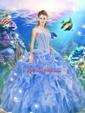 Sweet Baby Blue Lace Up Sweetheart Beading and Ruffles Sweet 16 Dresses Organza Sleeveless