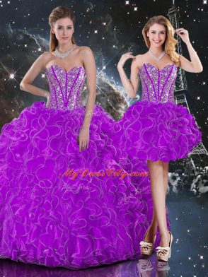 Nice Purple Sleeveless Floor Length Beading and Ruffles Lace Up Quince Ball Gowns