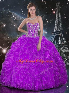 Nice Purple Sleeveless Floor Length Beading and Ruffles Lace Up Quince Ball Gowns