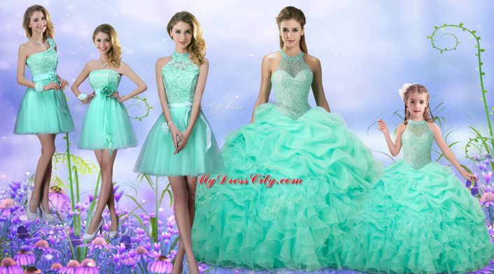 Fashionable Apple Green Lace Up Sweet 16 Dress Beading and Ruffles and Pick Ups Sleeveless Floor Length