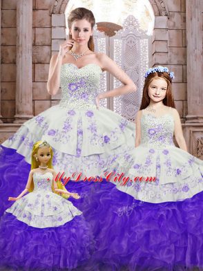 Affordable Ball Gowns 15 Quinceanera Dress White And Purple Sweetheart Organza Sleeveless Floor Length Lace Up