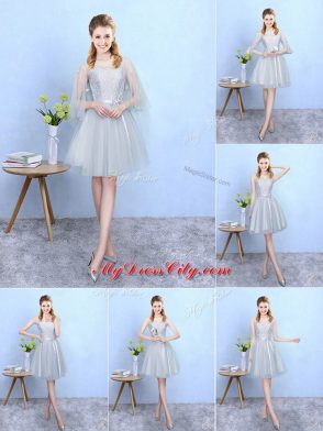 Silver Tulle Lace Up Bridesmaid Dress Sleeveless Knee Length Lace