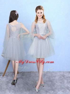 Silver Tulle Lace Up Bridesmaid Dress Sleeveless Knee Length Lace