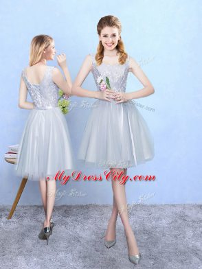 Silver Tulle Lace Up Bridesmaid Dress Sleeveless Knee Length Lace