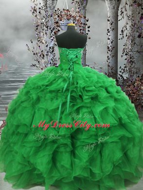 Low Price Floor Length Green Sweet 16 Dress Organza Sleeveless Beading and Ruffles