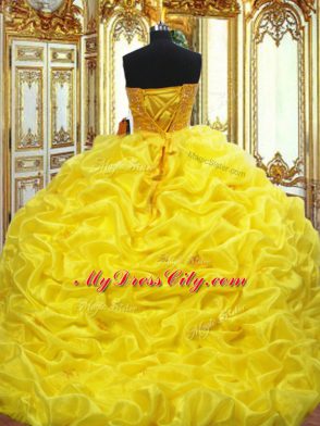 Affordable Lace Up 15 Quinceanera Dress Gold for Military Ball and Sweet 16 and Quinceanera with Beading and Embroidery and Pick Ups Brush Train