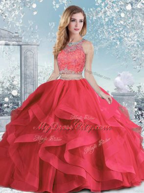 Exceptional Floor Length Coral Red 15 Quinceanera Dress Organza Sleeveless Beading and Ruffles