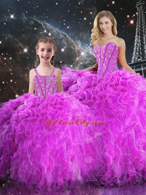 Exquisite Fuchsia Organza Lace Up 15 Quinceanera Dress Sleeveless Floor Length Beading and Ruffles