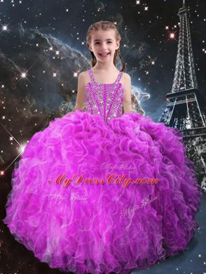 Exquisite Fuchsia Organza Lace Up 15 Quinceanera Dress Sleeveless Floor Length Beading and Ruffles