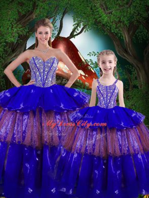Deluxe Royal Blue Organza Lace Up Ball Gown Prom Dress Sleeveless Floor Length Beading and Ruffled Layers