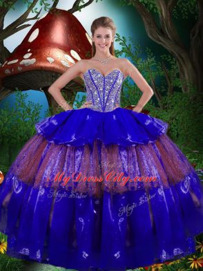 Deluxe Royal Blue Organza Lace Up Ball Gown Prom Dress Sleeveless Floor Length Beading and Ruffled Layers