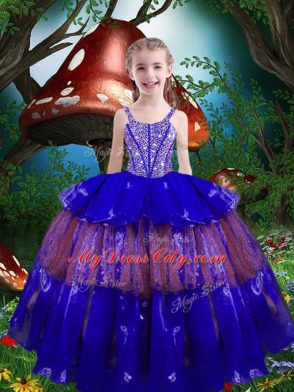Deluxe Royal Blue Organza Lace Up Ball Gown Prom Dress Sleeveless Floor Length Beading and Ruffled Layers