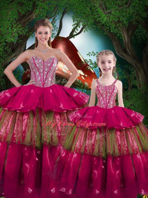 Superior Fuchsia Organza Lace Up Sweetheart Sleeveless Floor Length Vestidos de Quinceanera Beading and Ruffled Layers