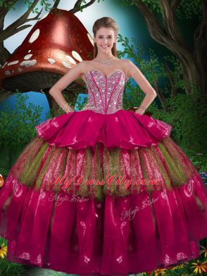 Superior Fuchsia Organza Lace Up Sweetheart Sleeveless Floor Length Vestidos de Quinceanera Beading and Ruffled Layers