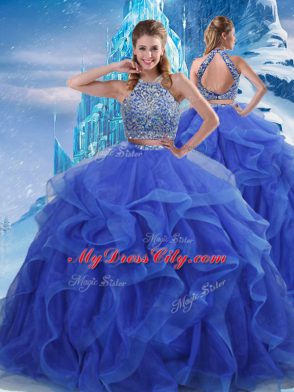 Flirting Sleeveless Floor Length Beading and Ruffles Zipper Quinceanera Gown with Royal Blue
