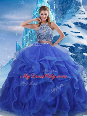 Flirting Sleeveless Floor Length Beading and Ruffles Zipper Quinceanera Gown with Royal Blue