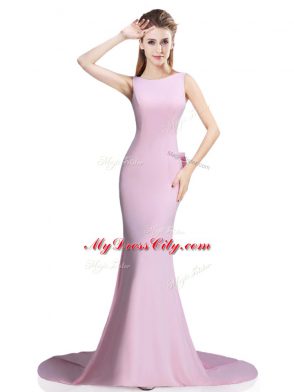 Pink Elastic Woven Satin Clasp Handle Dress for Prom Sleeveless Brush Train Beading and Bowknot