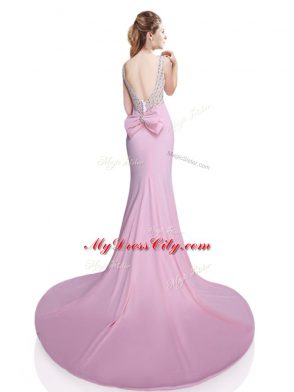 Pink Elastic Woven Satin Clasp Handle Dress for Prom Sleeveless Brush Train Beading and Bowknot