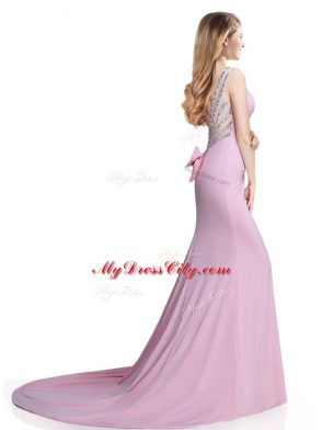 Pink Elastic Woven Satin Clasp Handle Dress for Prom Sleeveless Brush Train Beading and Bowknot