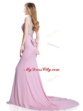 Pink Elastic Woven Satin Clasp Handle Dress for Prom Sleeveless Brush Train Beading and Bowknot