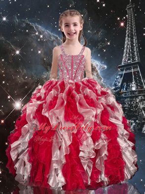 Wine Red Child Pageant Dress Quinceanera and Wedding Party with Beading and Ruffles Straps Sleeveless Lace Up