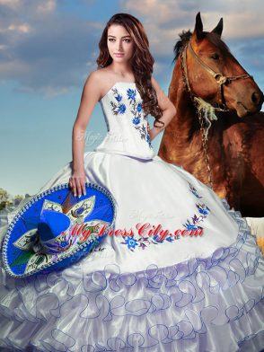 Glamorous Embroidery and Ruffled Layers Sweet 16 Dress White Lace Up Long Sleeves Floor Length