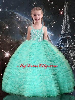Fantastic Tulle Straps Sleeveless Lace Up Beading and Ruffled Layers Little Girl Pageant Gowns in Turquoise