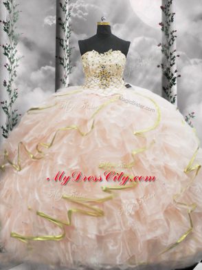 Fabulous Sleeveless Beading and Ruffles Lace Up 15 Quinceanera Dress with Peach Brush Train