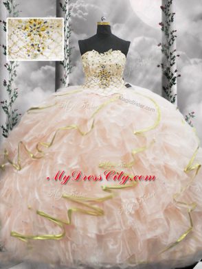 Fabulous Sleeveless Beading and Ruffles Lace Up 15 Quinceanera Dress with Peach Brush Train