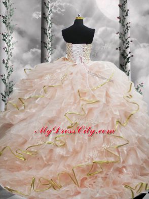 Fabulous Sleeveless Beading and Ruffles Lace Up 15 Quinceanera Dress with Peach Brush Train