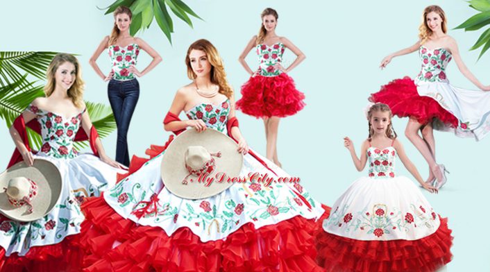 Enchanting Floor Length Red Ball Gown Prom Dress Organza Sleeveless Embroidery and Ruffled Layers