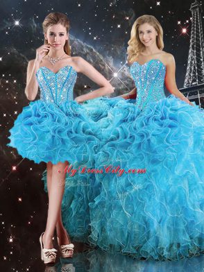 Hot Selling Sleeveless Floor Length Beading and Ruffles Lace Up Quinceanera Dresses with Aqua Blue