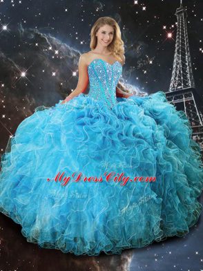 Hot Selling Sleeveless Floor Length Beading and Ruffles Lace Up Quinceanera Dresses with Aqua Blue