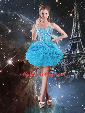 Hot Selling Sleeveless Floor Length Beading and Ruffles Lace Up Quinceanera Dresses with Aqua Blue